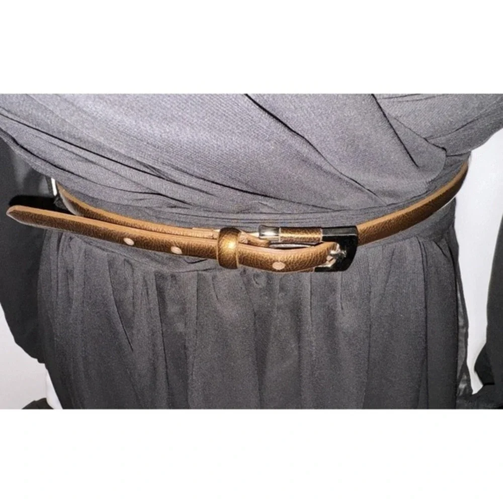 New York & Co Skinny Belt Metallic Bronze Faux Leather Silver‎ Buckle Chic 47-72